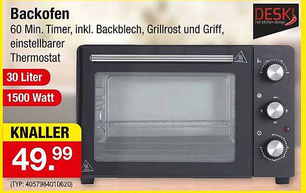 Backofen 60 Min. Timer, inkl. Backblech, Grillrost und Griff, einstellbarer Thermostat