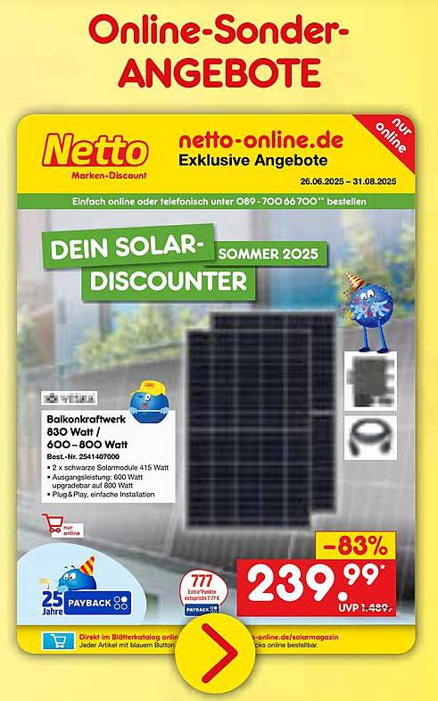 Balkonkraftwerk 830 Watt / 600 – 800 Watt