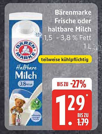 Bärenmarke Frische oder haltbare Milch 1,5 - 3,8 % Fett 1 L