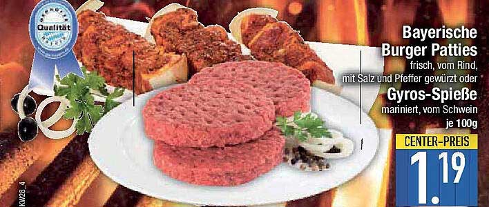 Bayerische Burger Patties frisch, vom Rind, mit Salz und Pfeffer gewürzt oder Gyros-Spieße mariniert, vom Schwein je 100g