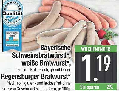 Bayerische Schweinsbratwürstl, weiße Bratwurst, Regensburger Bratwurst