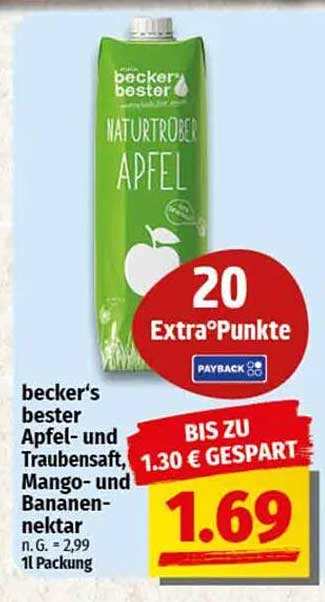 becker's bester Apfel- und Traubensaft, Mango- und Bananen-Nektar