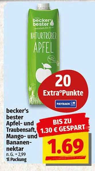 becker's bester Apfel- und Traubensaft, Mango- und Bananennektar