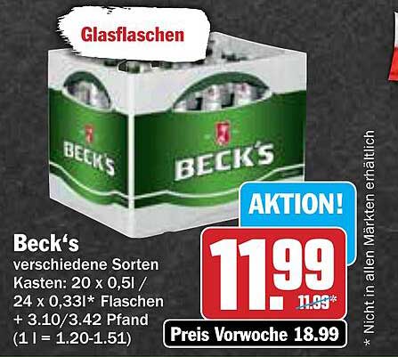 Beck‘s Glasflaschen - 20 x 0,5l / 24 x 0,33l Kasten
