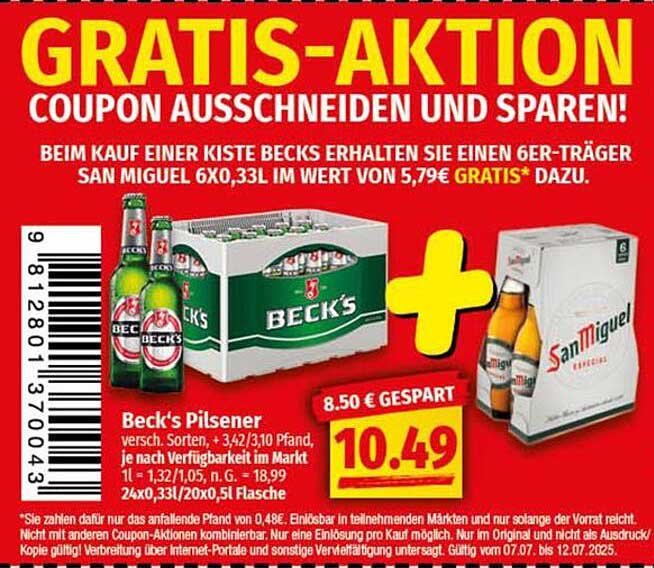 Beck's Pilsener Kiste mit gratis San Miguel 6er-Träger