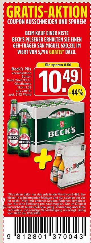 Beck's Pilsner Kiste 24x0,33L + San Miguel 6x0,33L GRATIS
