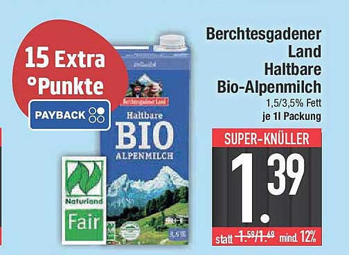 Berchtesgadener Land Haltbare Bio-Alpenmilch 1,5/3,5% Fett je 1l Packung