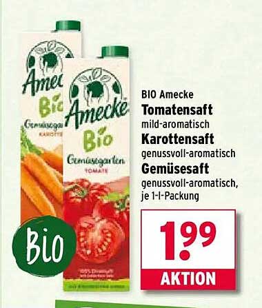 BIO Amecke Tomatensaft, Karottensaft und Gemüsesaft für nur 1,99 €