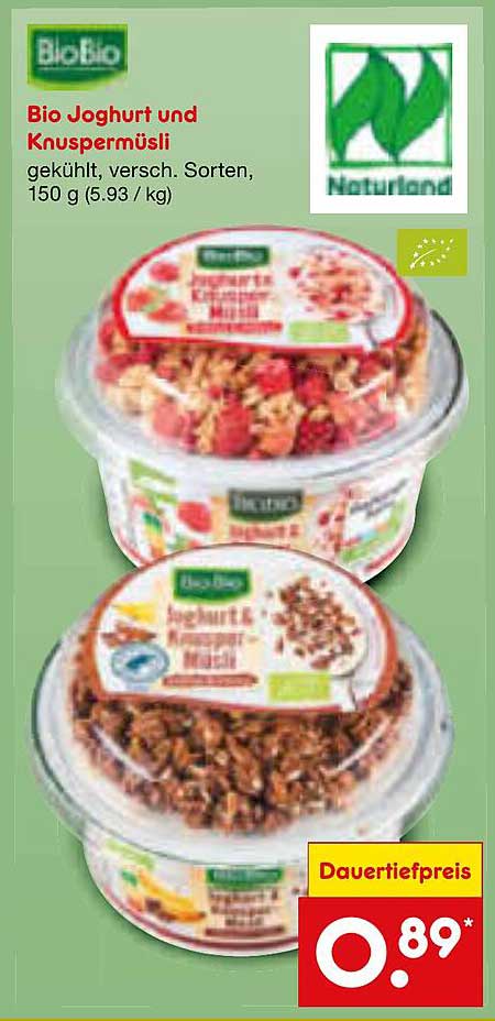 Bio Joghurt und Knuspermüsli, gekühlt, versch. Sorten, 150 g (5.93 / kg)