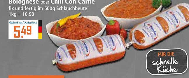 Bolognese oder Chili Con Carne fix und fertig im 500g Schlauchbeutel