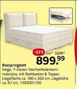 Boxspringbett beige, 7-Zonen-Taschenfederkernmatratze, mit Bettkasten & Topper, Liegefläche ca. 180 x 200 cm, Liegehöhe ca. 67 cm