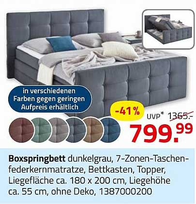 Boxspringbett dunkelgrau mit 7-Zonen-Taschenfederkernmatratze