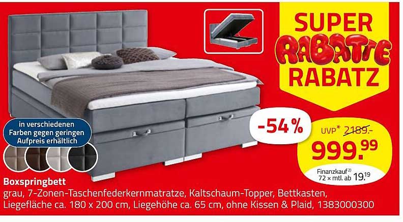 Boxspringbett grau, 7-Zonen-Taschenfederkernmatratze, Kaltschaum-Topper, Bettkasten