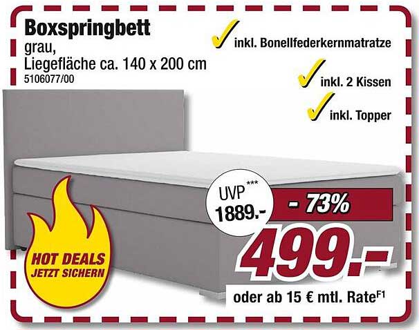 Boxspringbett grau, Liegefläche ca. 140 x 200 cm