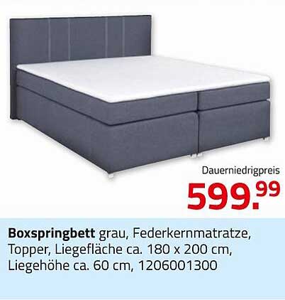 Boxspringbett grau mit Federkernmatratze und Topper, Liegefläche ca. 180 x 200 cm