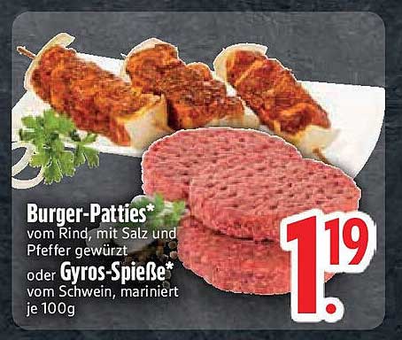 Burger-Patties vom Rind oder Gyros-Spieße vom Schwein, mariniert je 100g