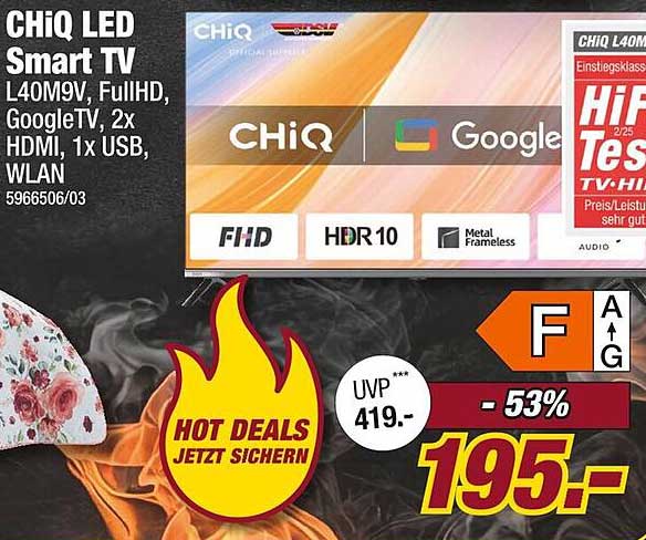 CHiQ LED Smart TV L40M9V, FullHD, GoogleTV, 2x HDMI, 1x USB, WLAN