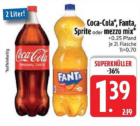 Coca-Cola*, Fanta, Sprite oder mezzo mix* 2 Liter
