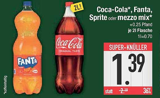 Coca-Cola*, Fanta, Sprite oder mezzo mix* 2L für nur 1,39 €