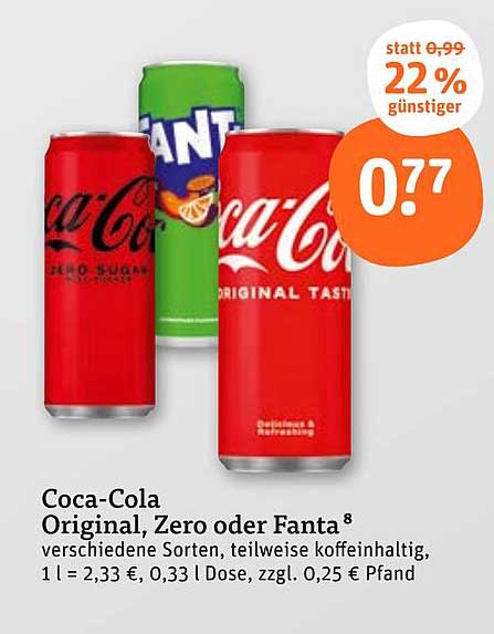 Coca-Cola Original, Zero oder Fanta - 0,33 l Dose