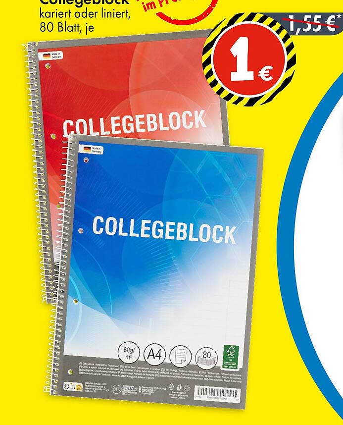 Collegeblock kariert oder liniert, 80 Blatt, je