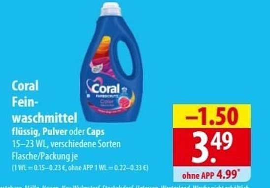 Coral Feinwaschmittel flüssig, Pulver oder Caps 15–23 WL