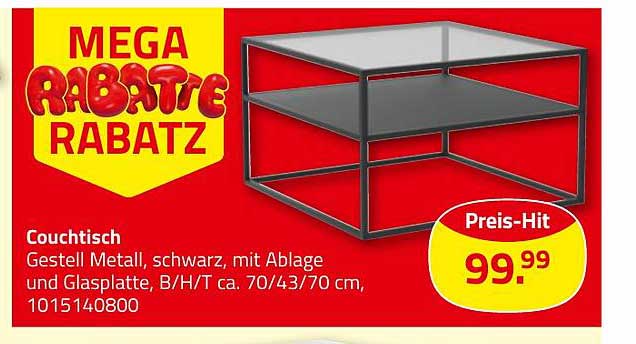 Couchtisch - Gestell Metall, schwarz, mit Ablage und Glasplatte