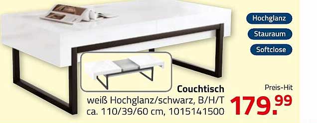 Couchtisch weiß Hochglanz schwarz, B/H/T ca. 110/39/60 cm