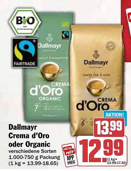 Dallmayr Crema d'Oro oder Organic 1.000-750 g Packung
