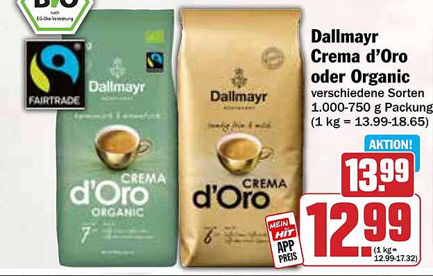 Dallmayr Crema d’Oro oder Organic verschiedene Sorten 1.000-750 g Packung