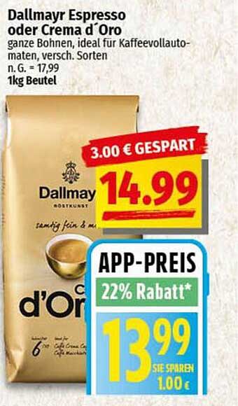 Dallmayr Espresso oder Crema d'Oro 1kg Beutel