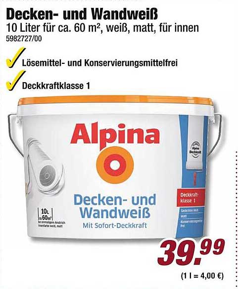 Decken- und Wandweiß von Alpina - 10 Liter für ca. 60 m²