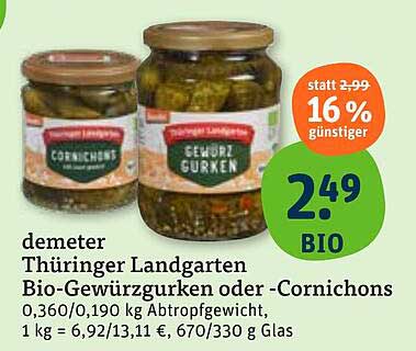 demeter Thüringer Landgarten Bio-Gewürzgurken oder -Cornichons