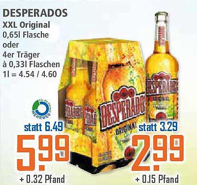 DESPERADOS XXL Original 0,65l Flasche oder 4er Träger à 0,331l