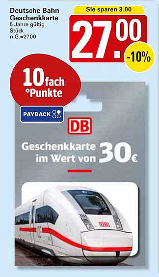 Deutsche Bahn Geschenkkarte - Wert von 30 € für nur 27 €