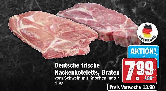 Deutsche frische Nackensteaks, Braten vom Schwein mit Knochen, natur 1 kg