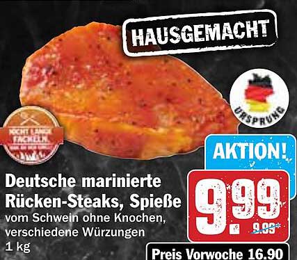 Deutsche marinierte Rücken-Steaks, Spieße vom Schwein ohne Knochen, verschiedene Würzungen 1 kg