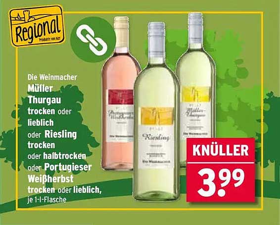 Die Weinmacher Müller Thurgau, Riesling und Portugieser Weißherbst – Je 1-l-Flasche für nur 3,99 €