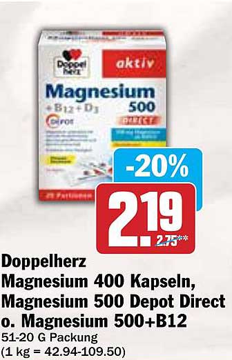 Doppelherz Magnesium 400 Kapseln, Magnesium 500 Depot Direct o. Magnesium 500+B12