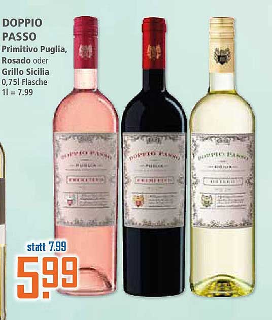 DOPPIO PASSO - Primitivo Puglia, Rosado oder Grillo Sicilia 0,75l