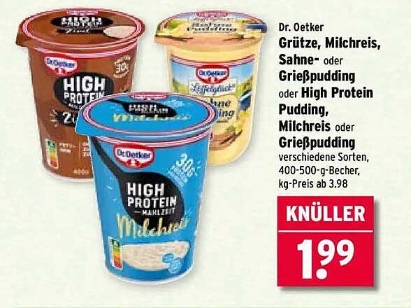 Dr. Oetker Grütze, Milchreis, Sahne- oder Grießpudding oder High Protein Pudding, Milchreis oder Grießpudding 400-500 g Becher
