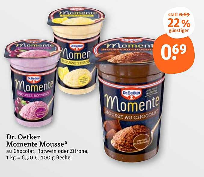 Dr. Oetker Momente Mousse 8 au Chocolat, Rotwein oder Zitrone