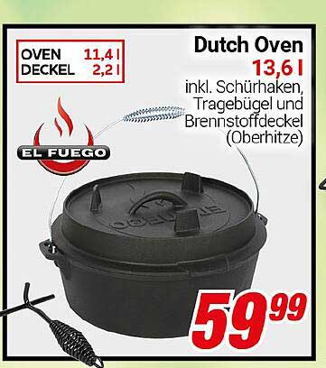 Dutch Oven 13,6 l von EL FUEGO inkl. Schürhaken, Tragebügel und Brennstoffdeckel