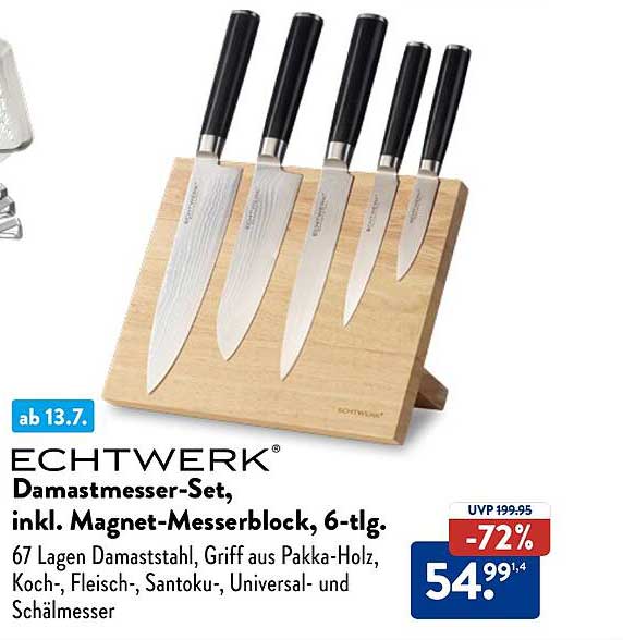 Echtwerk Damastmesser-Set, inkl. Magnet-Messerblock, 6-tlg.