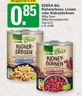 EDEKA Bio Kichererbsen, Linsen oder Kidneybohnen 400g Dose