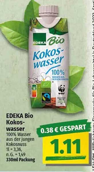 EDEKA Bio Kokoswasser 100% Wasser aus der jungen Kokosnuss 330ml