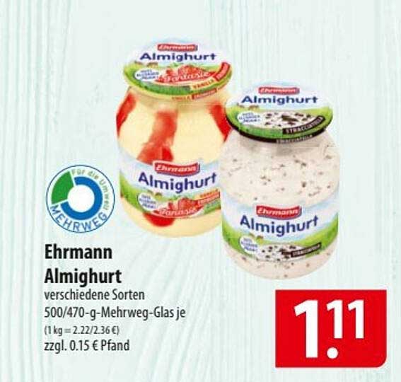 Ehrmann Almighurt verschiedene Sorten 500/470-g-Mehrweg-Glas