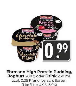 Ehrmann High Protein Pudding, Joghurt 200 g oder Drink 250 ml - nur 0,99 €