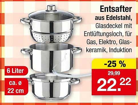 Entsafter aus Edelstahl, Glasdeckel mit Entlüftungsloch, für Gas, Elektro, Glas-Keramik, Induktion