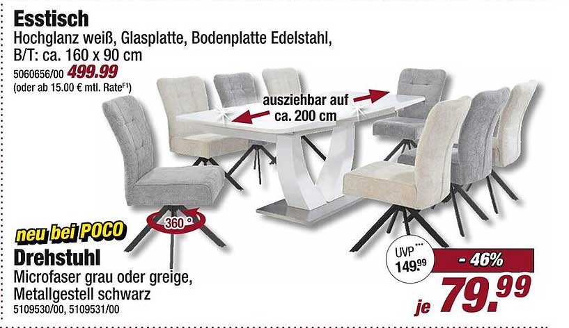 Esstisch hochglanz weiß mit Glasplatte und Edelstahl-Basen - Angebot vom Poco-Prospekt